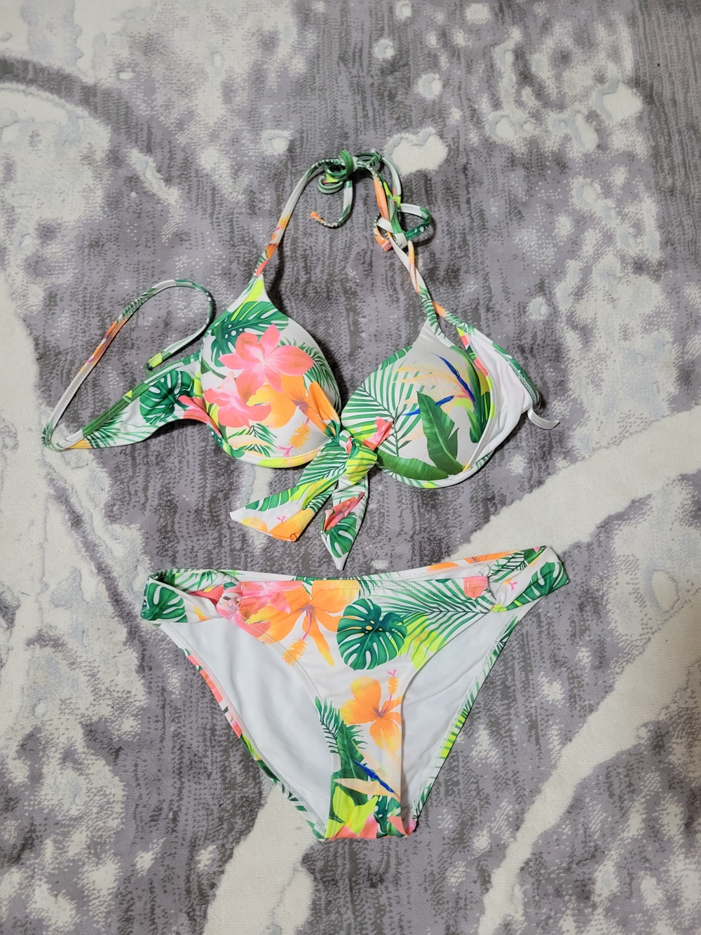 Tropical Floral Tie-Front Bikini Set in White with Pink, Orange & Green Size M